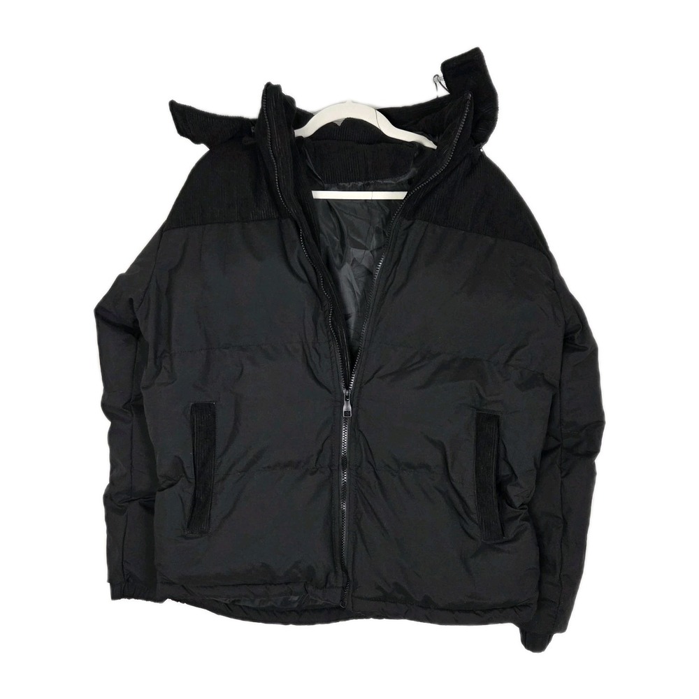 Nwot Mens Black Puffer Full Zip Winter And Corduroy Hooded Removable Warm Medium